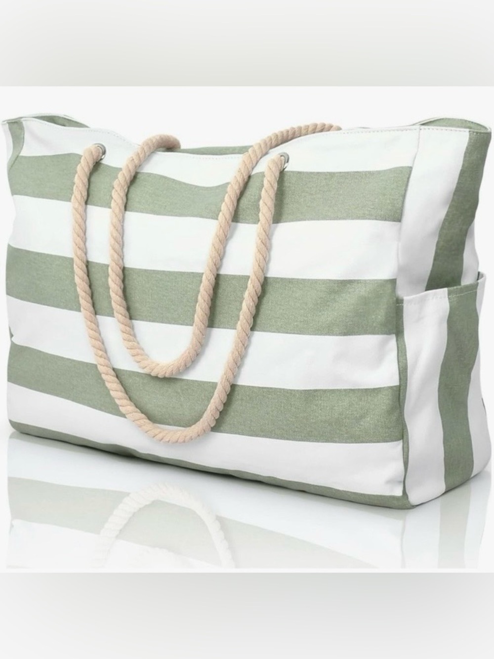 Becokan large, green striped canvas tote bag with rope handles